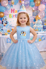 Personalized Blue Puppy Birthday Dress for Girls | Custom Kids Party Outfit