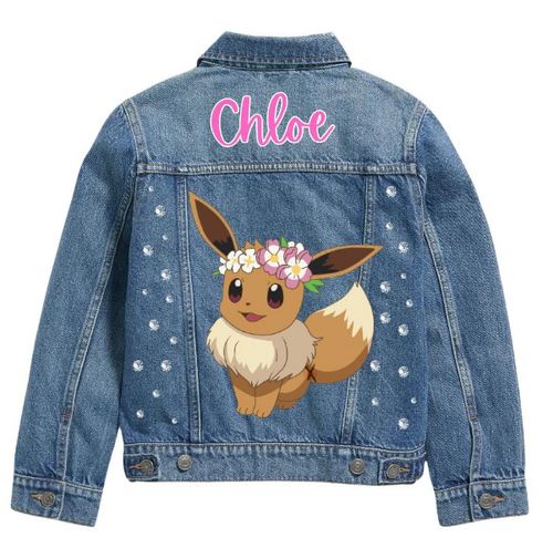 Custom Eevee and Pikachu Denim Jacket for Kids with personalized name