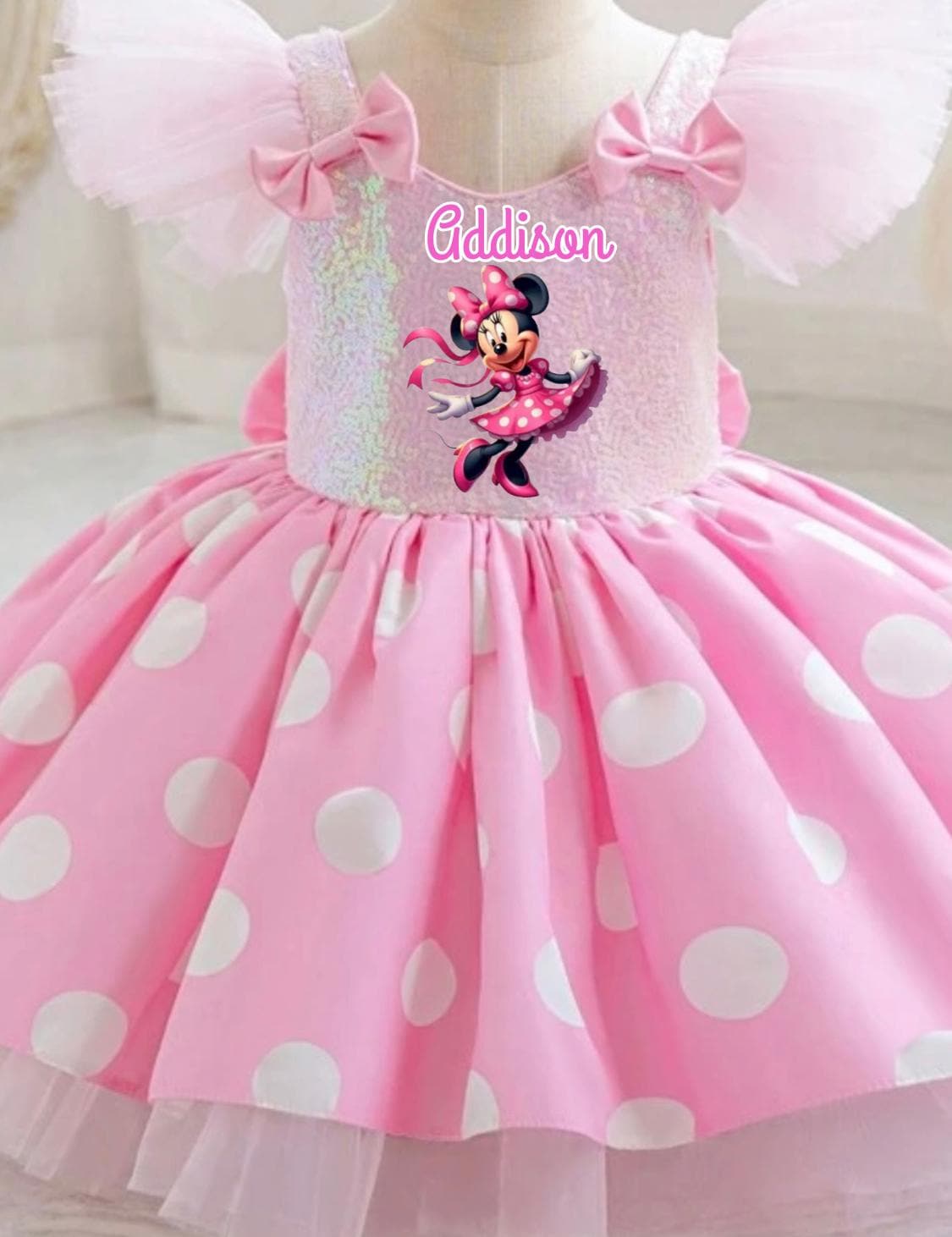 Minnie Mouse Birthday Dress for Kids with personalized glitter name
