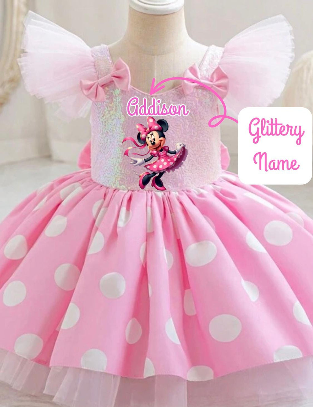 Minnie Mouse Birthday Dress for Kids with personalized glitter name