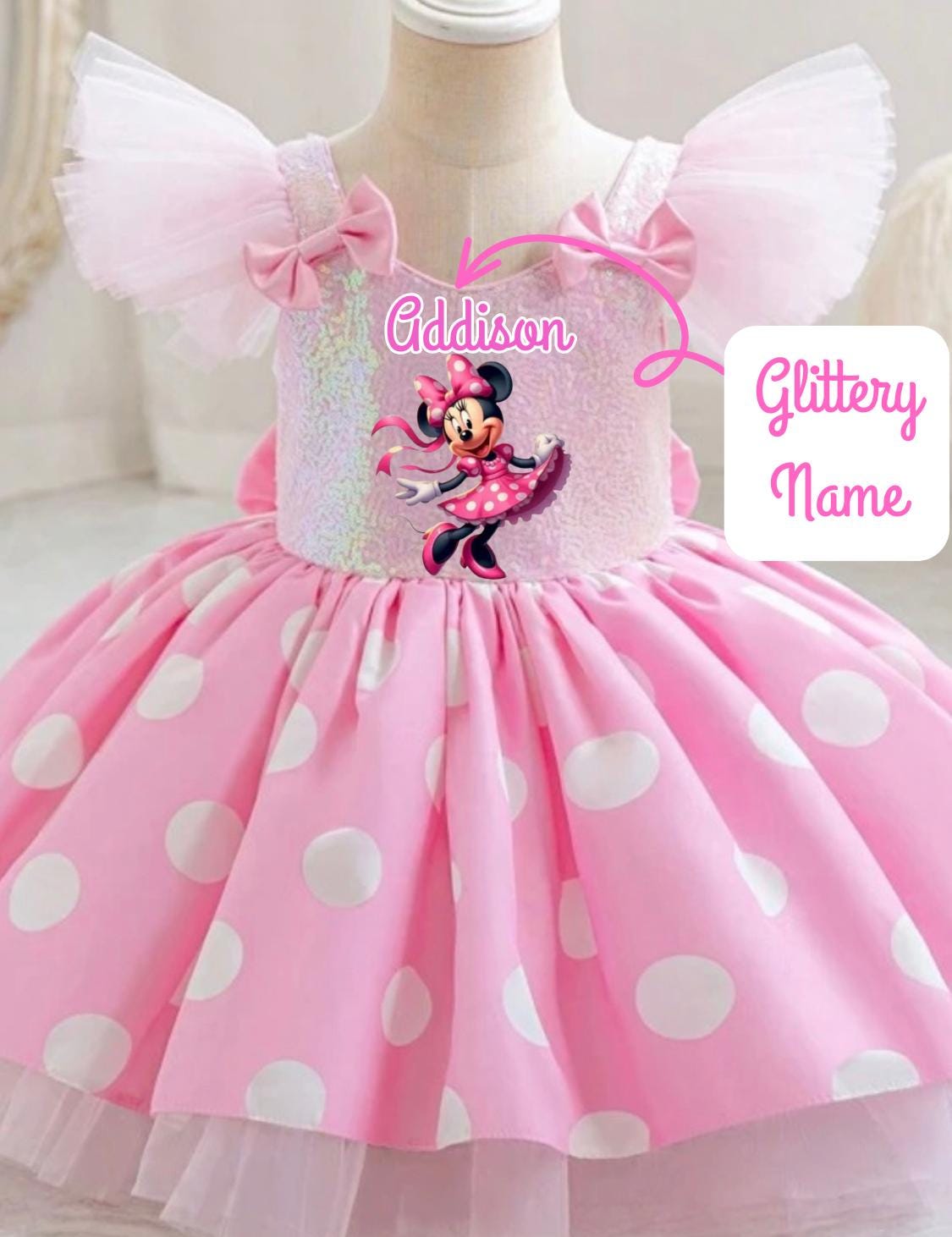 Minnie Mouse Birthday Dress for Kids with personalized glitter name