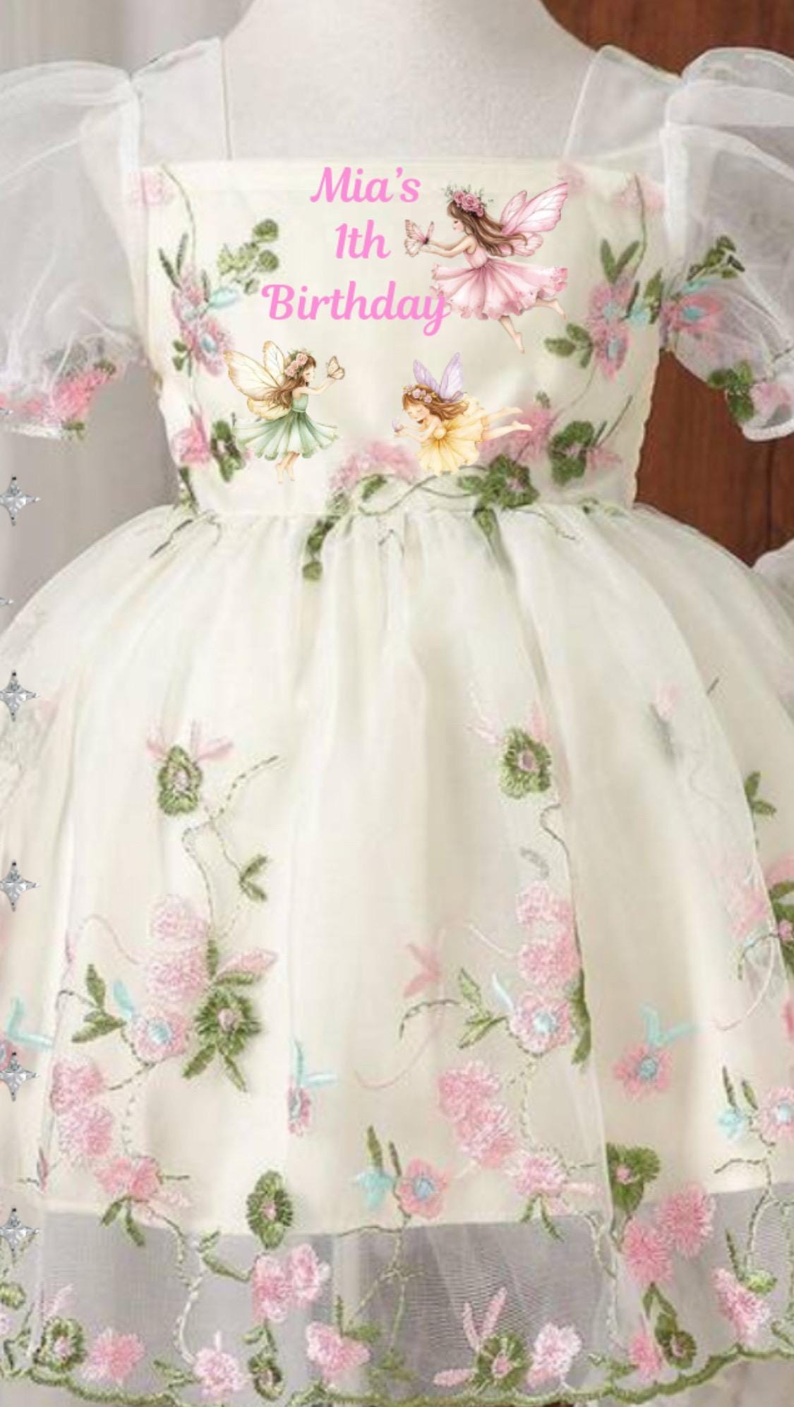 Fairy Birthday Dress with Custom Name for girls in apricot embroidered mesh