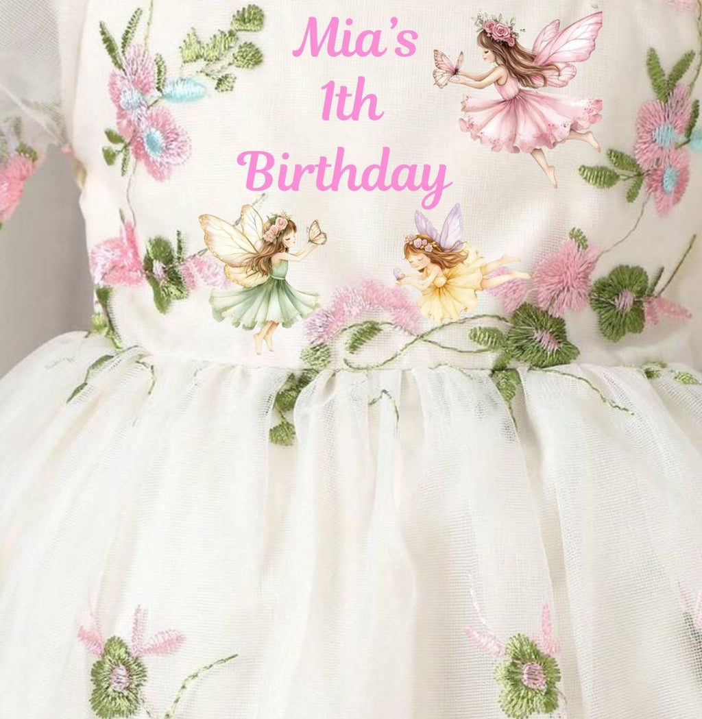 Fairy Birthday Dress with Custom Name for girls in apricot embroidered mesh