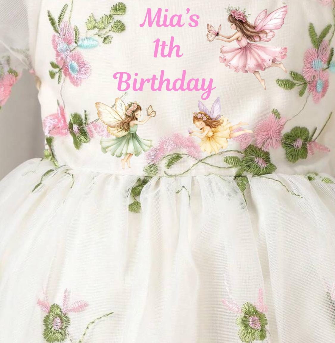 Fairy Birthday Dress with Custom Name for girls in apricot embroidered mesh