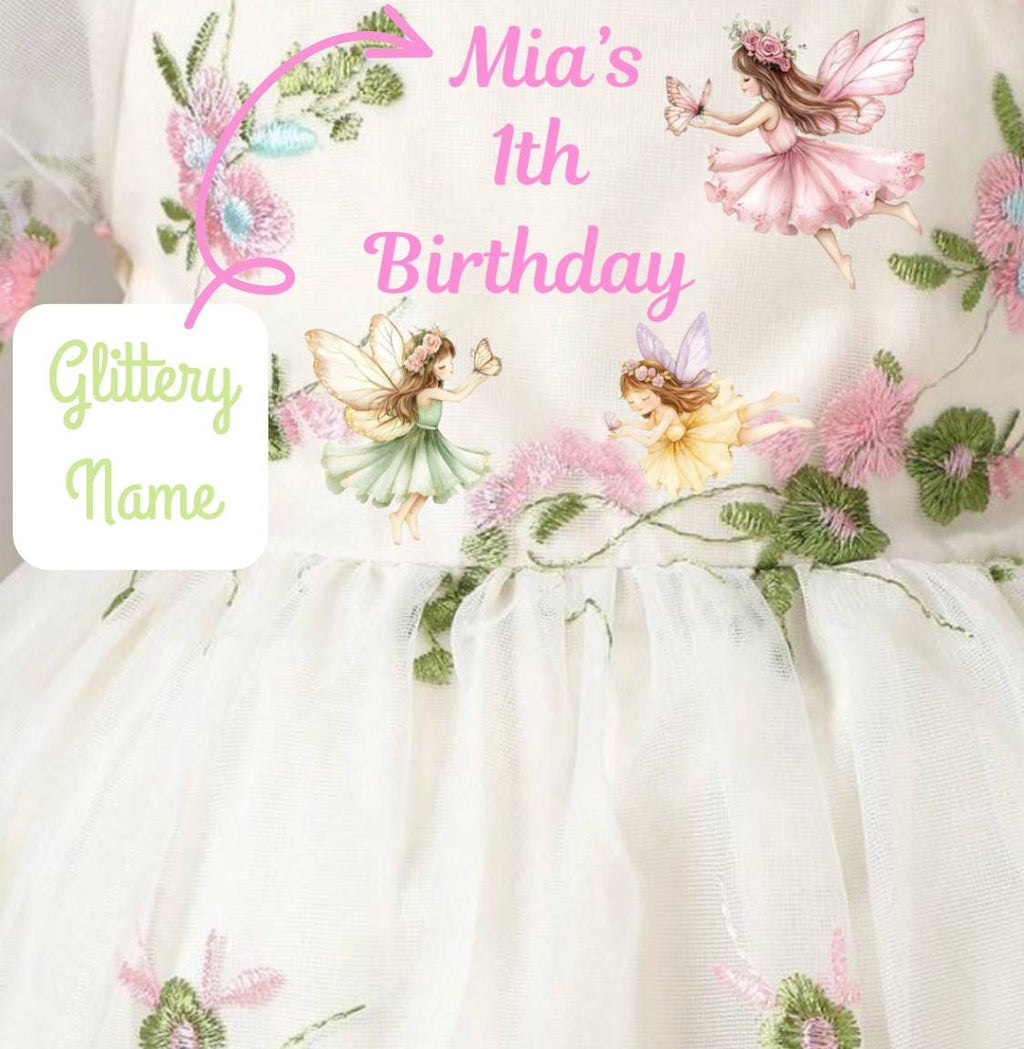 Fairy Birthday Dress with Custom Name for girls in apricot embroidered mesh