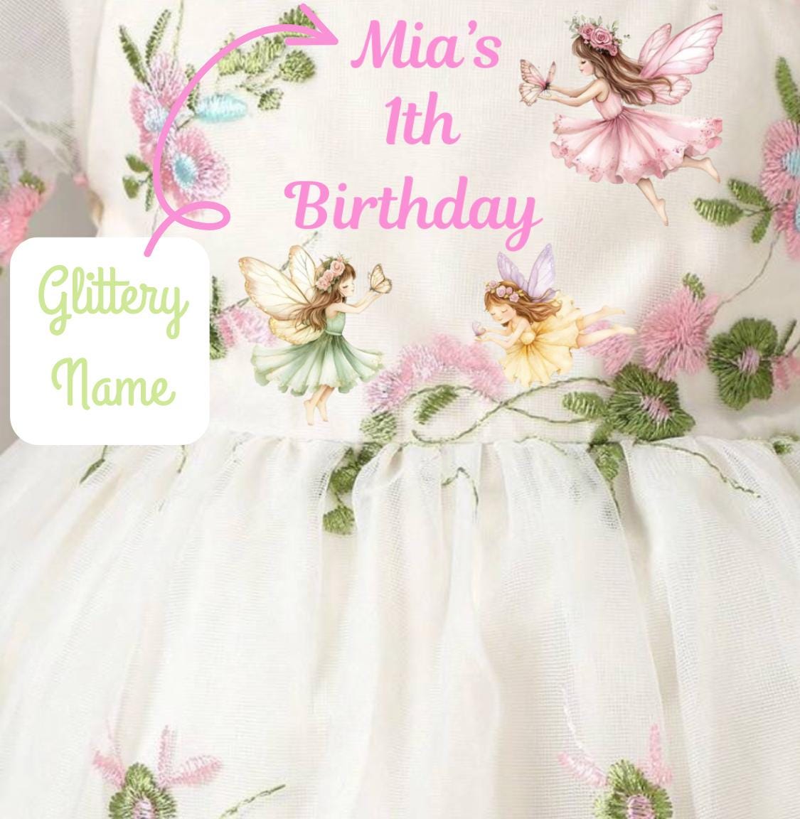 Fairy Birthday Dress with Custom Name for girls in apricot embroidered mesh