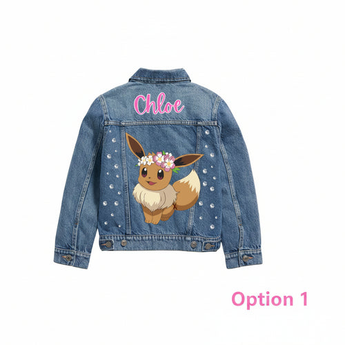 Custom Eevee and Pikachu Denim Jacket for Kids with personalized name