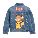 Custom Eve and Pikachu  Denim Jacket for Kids Personalized Name Jean Jacket, Pokémon Birthday Gift.